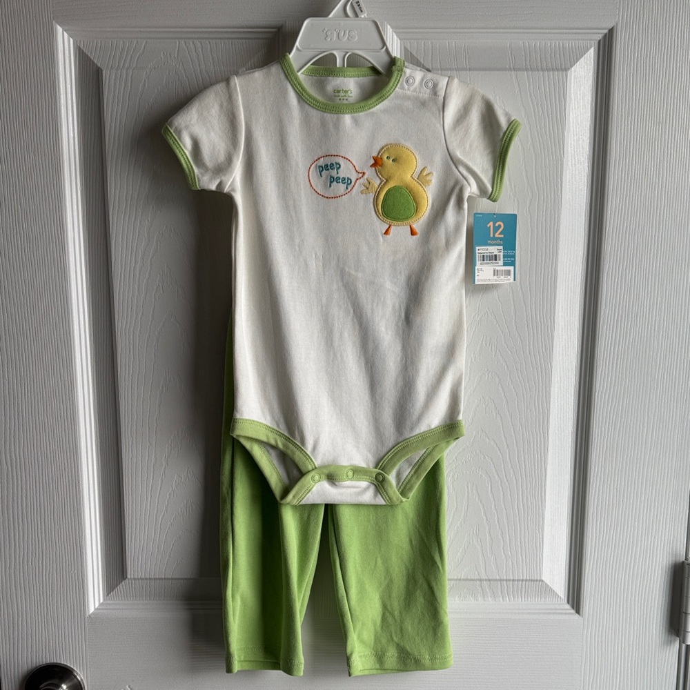 Carter's White and Green Onesie with Yellow Duck